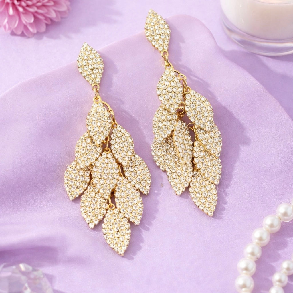 Gold Leaf Rhinestone Earrings